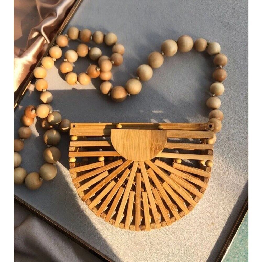 Mini Half Moon Bamboo Bag Vacation Beach Boho Wooden purse